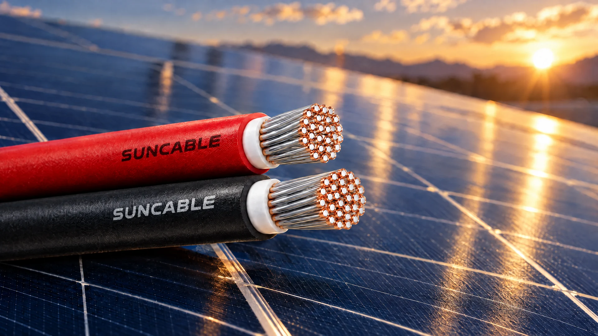 Composição ilustrativa de cabos SunCable marcados, com filamentos TCCA individuais, diante de painéis solares