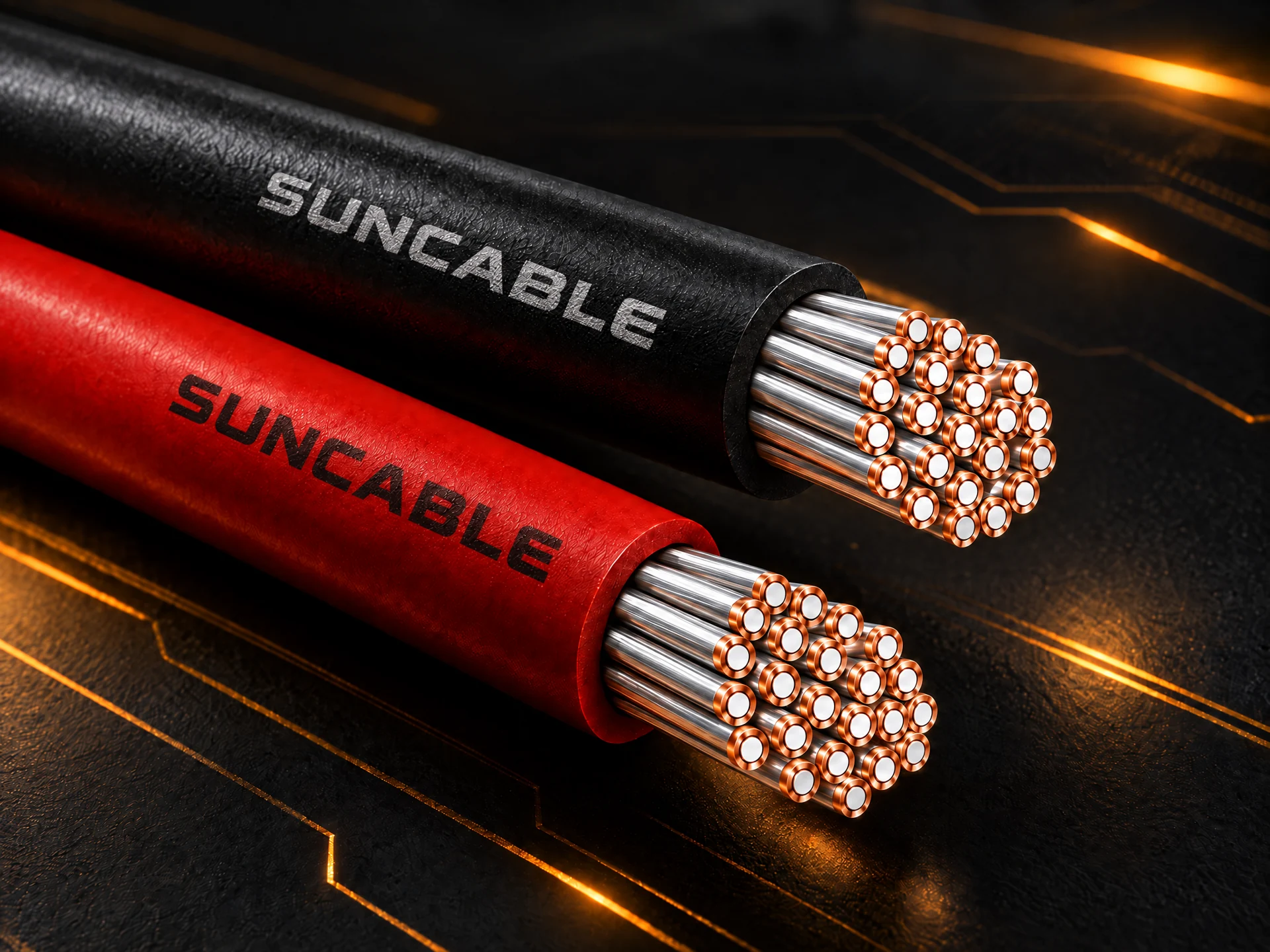 Composição editorial ilustrativa de dois cabos fotovoltaicos, um vermelho e outro preto, em ambiente tecnológico