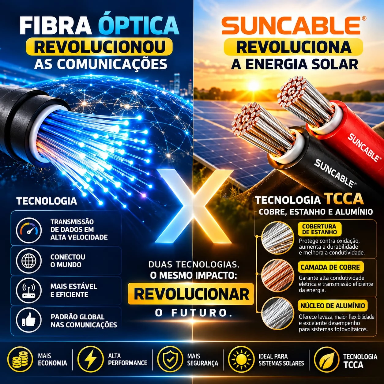 Arte promocional SunCable que aproxima visualmente a fibra óptica e cabos fotovoltaicos TCCA, duas aplicações técnicas distintas