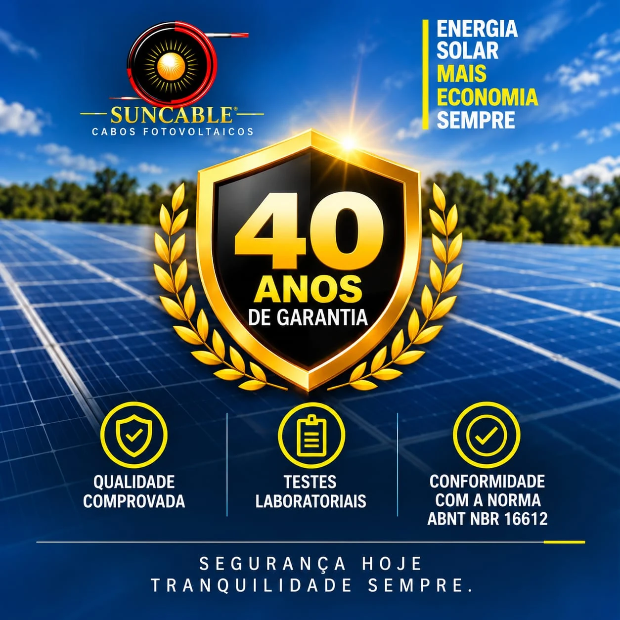 Arte promocional da SunCable com escudo escrito 40 anos de garantia e painéis solares ao fundo